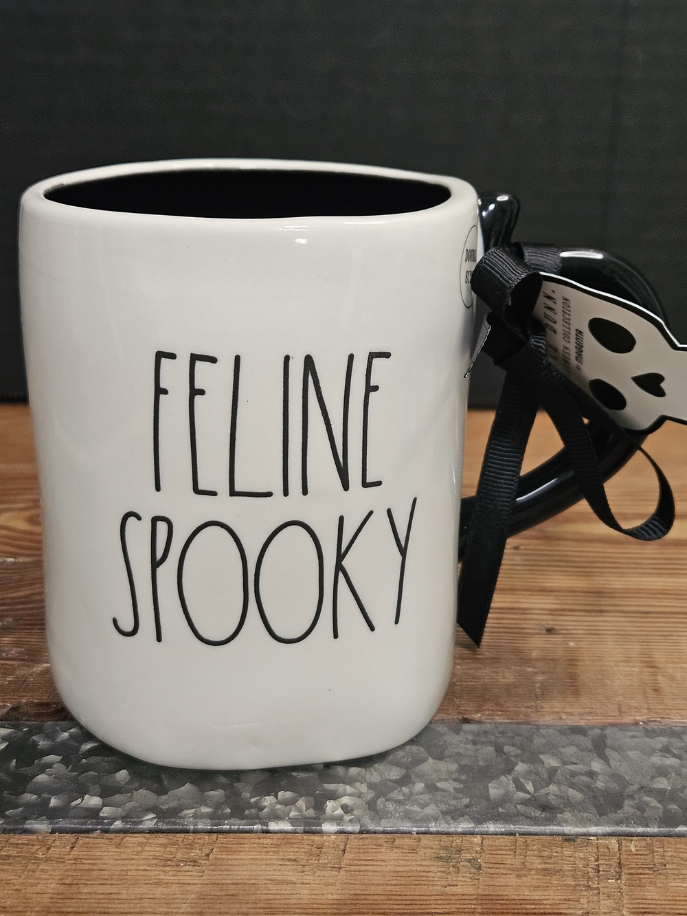 Rae Dunn Feline Spooky White Mug with Black Interior & Handle